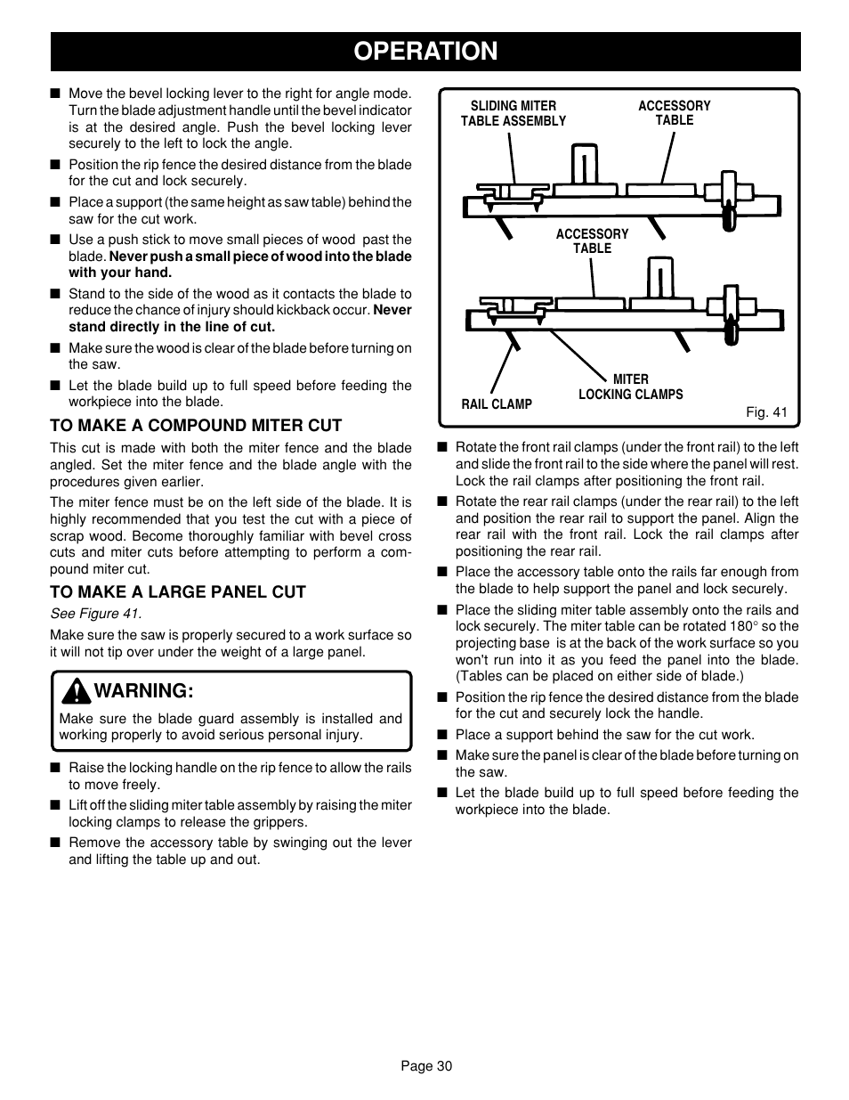 Operation, Warning | Ryobi SAW BT3100 User Manual | Page 30 / 52