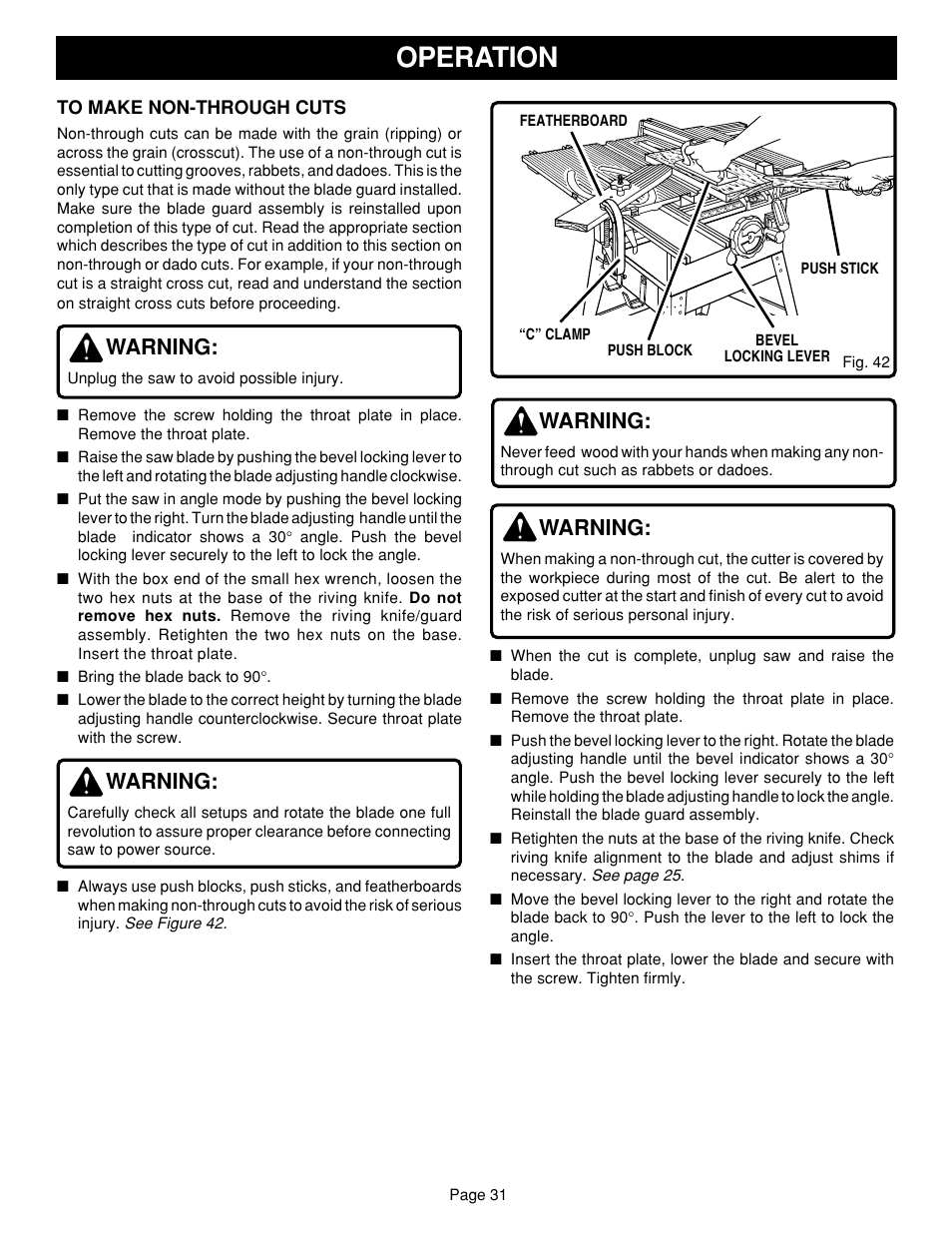 Operation, Warning | Ryobi SAW BT3100 User Manual | Page 31 / 52