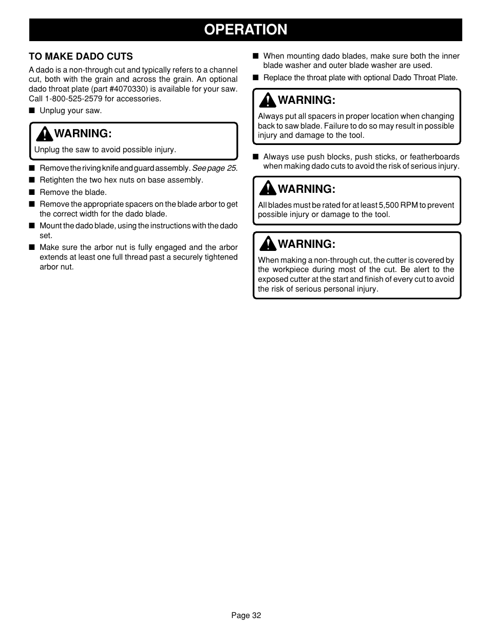 Operation, Warning | Ryobi SAW BT3100 User Manual | Page 32 / 52