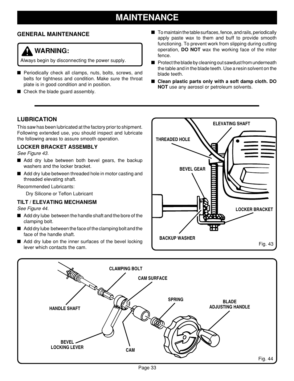 Maintenance, Warning | Ryobi SAW BT3100 User Manual | Page 33 / 52