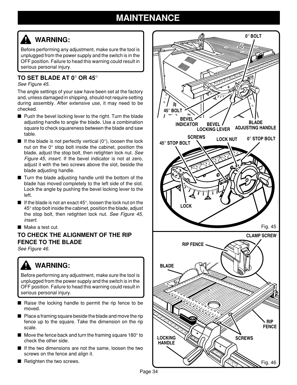 Maintenance, Warning | Ryobi SAW BT3100 User Manual | Page 34 / 52