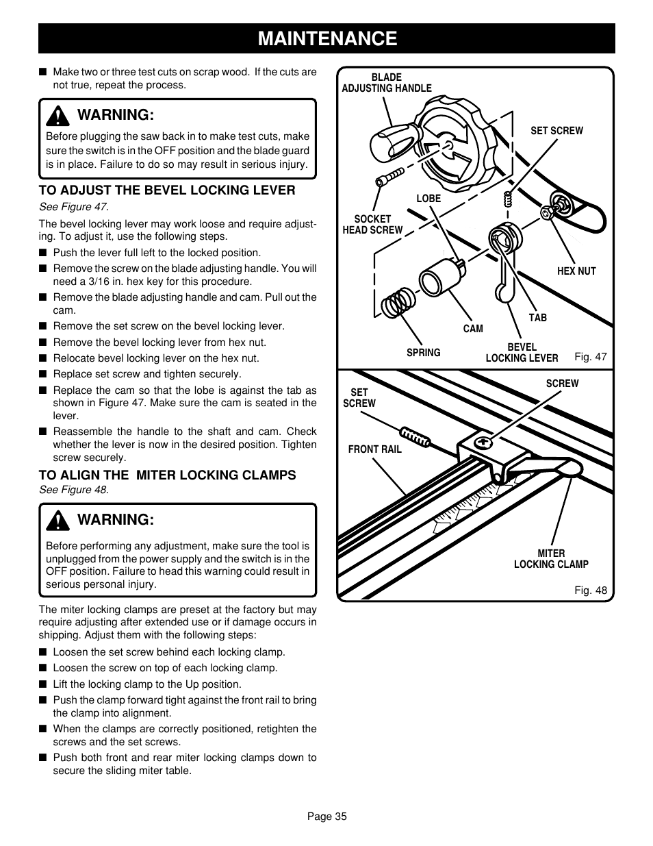 Maintenance, Warning | Ryobi SAW BT3100 User Manual | Page 35 / 52