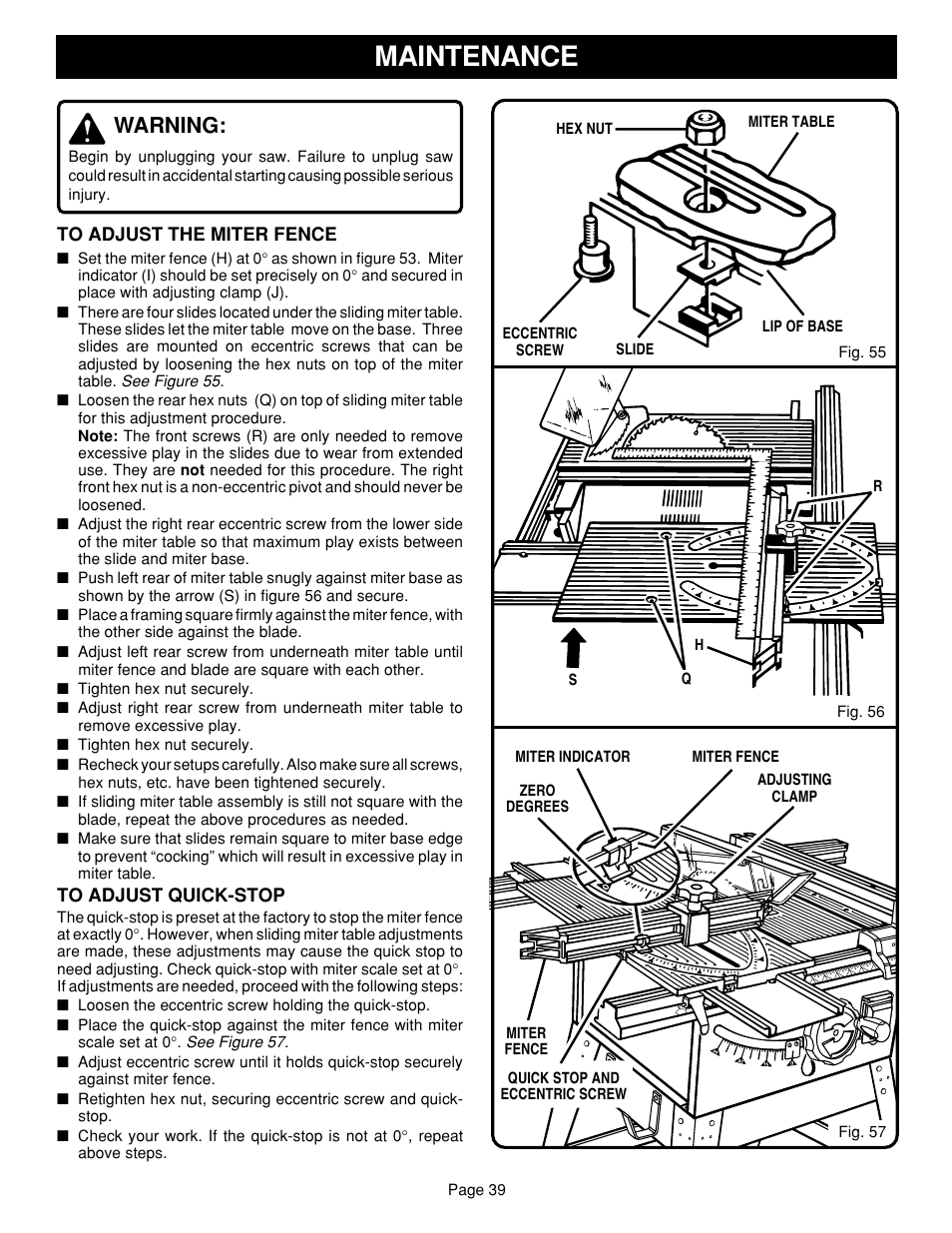 Maintenance, Warning | Ryobi SAW BT3100 User Manual | Page 39 / 52