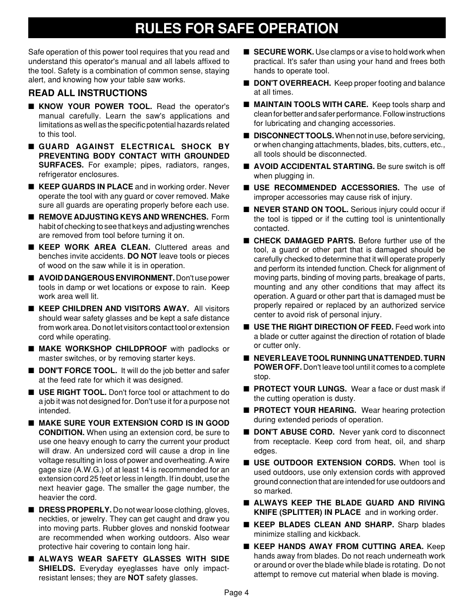 Rules for safe operation | Ryobi SAW BT3100 User Manual | Page 4 / 52