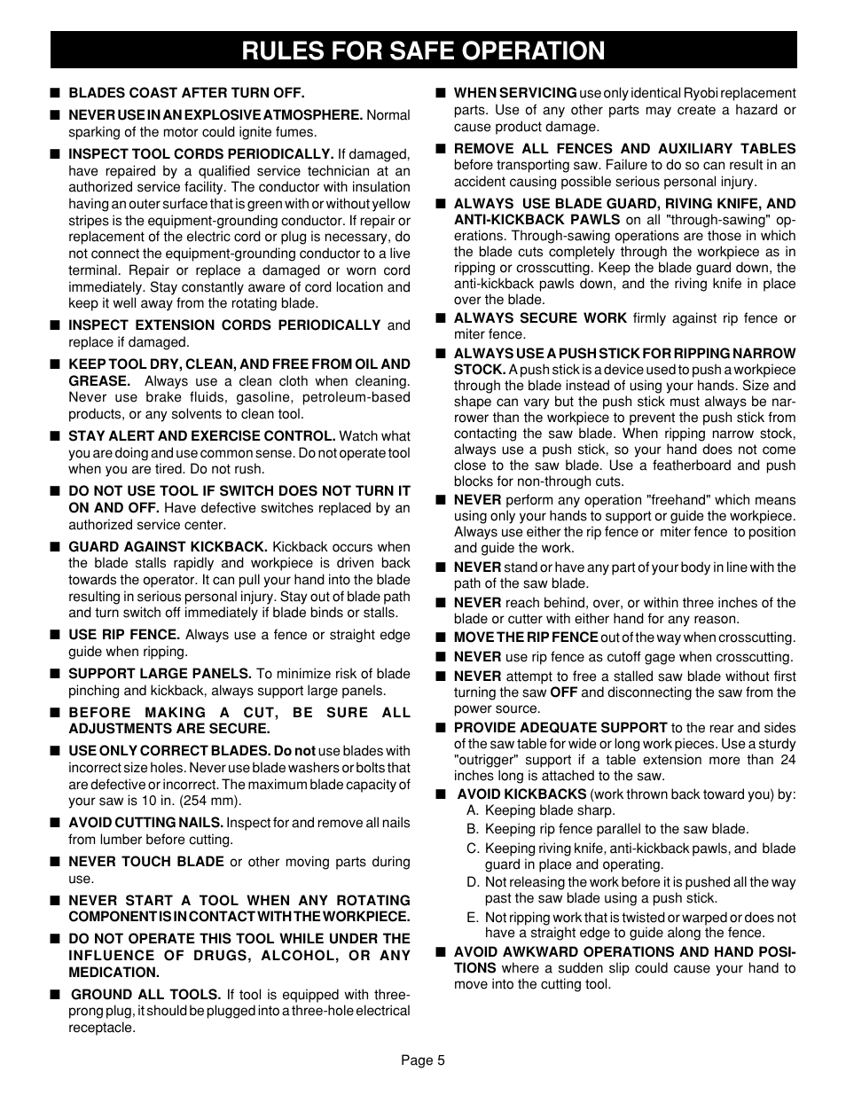 Rules for safe operation | Ryobi SAW BT3100 User Manual | Page 5 / 52