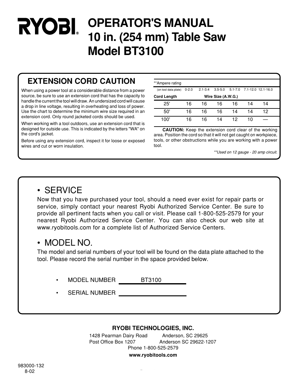 Service, Model no, Extension cord caution | Ryobi SAW BT3100 User Manual | Page 52 / 52