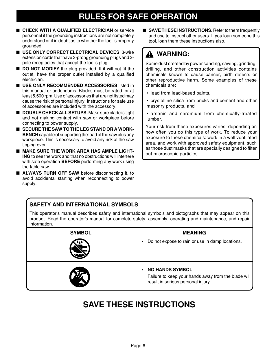 Rules for safe operation, Save these instructions, Warning | Ryobi SAW BT3100 User Manual | Page 6 / 52