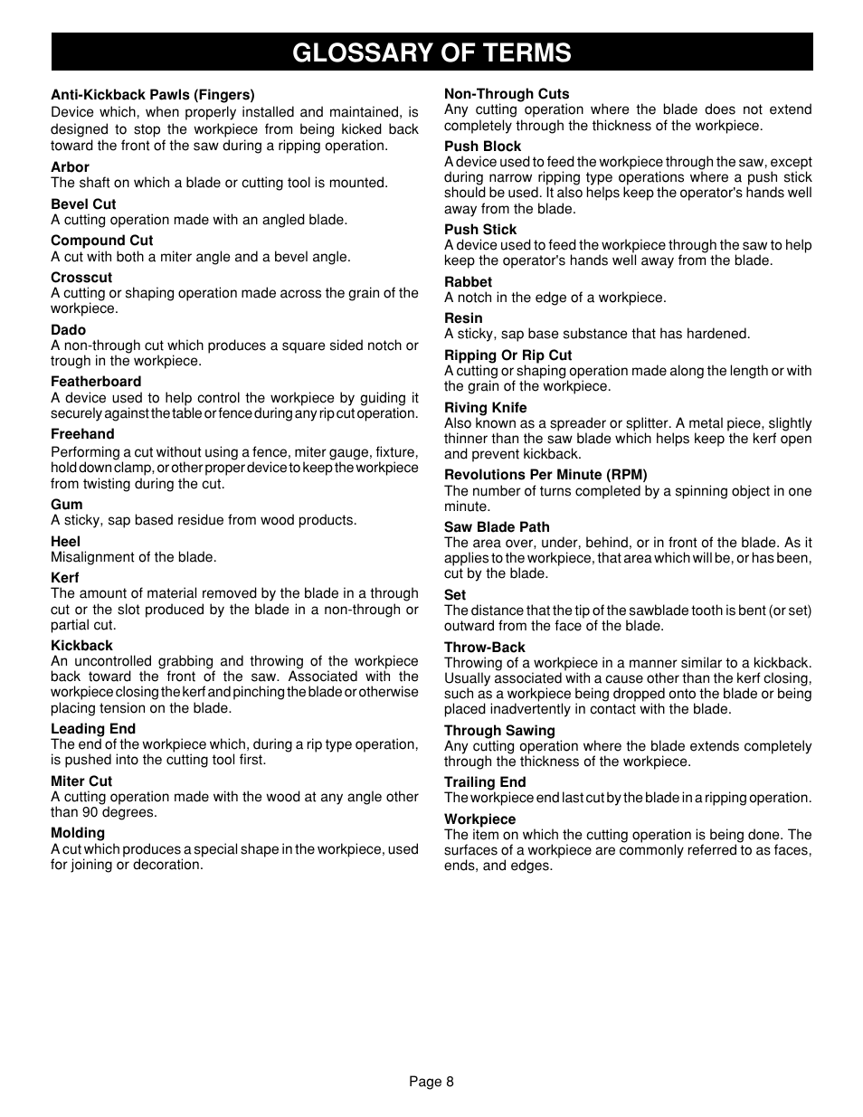 Glossary of terms | Ryobi SAW BT3100 User Manual | Page 8 / 52