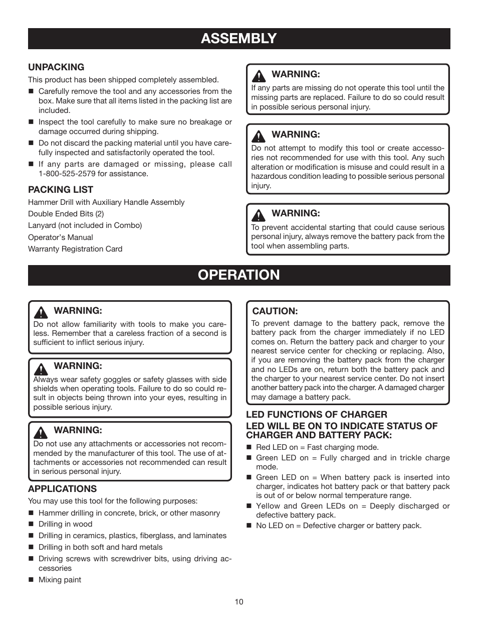 Assembly, Operation | Ryobi P210 User Manual | Page 10 / 20