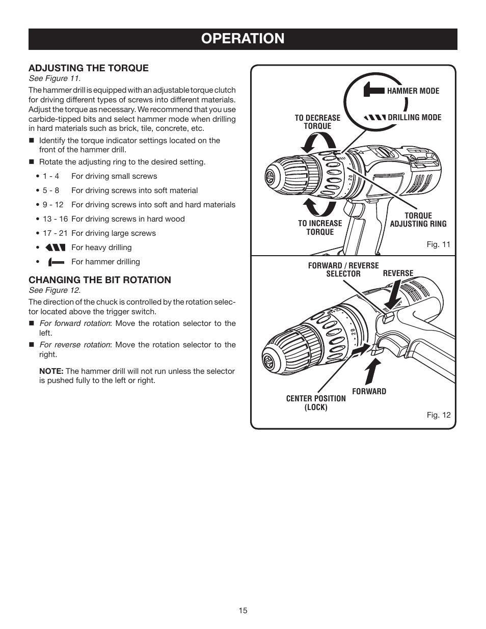 Operation | Ryobi P210 User Manual | Page 15 / 20