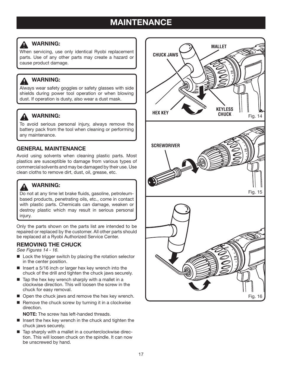 Maintenance | Ryobi P210 User Manual | Page 17 / 20