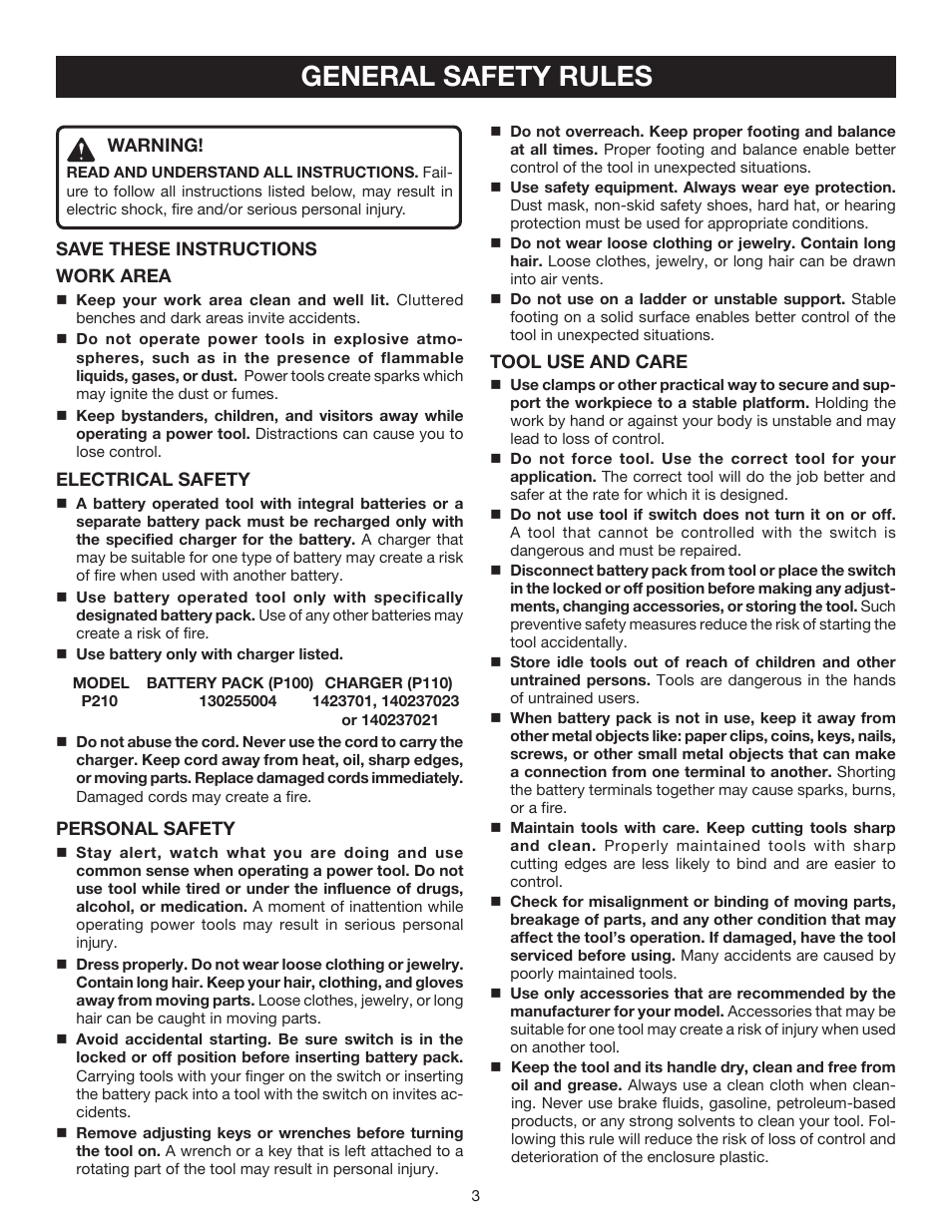 General safety rules | Ryobi P210 User Manual | Page 3 / 20