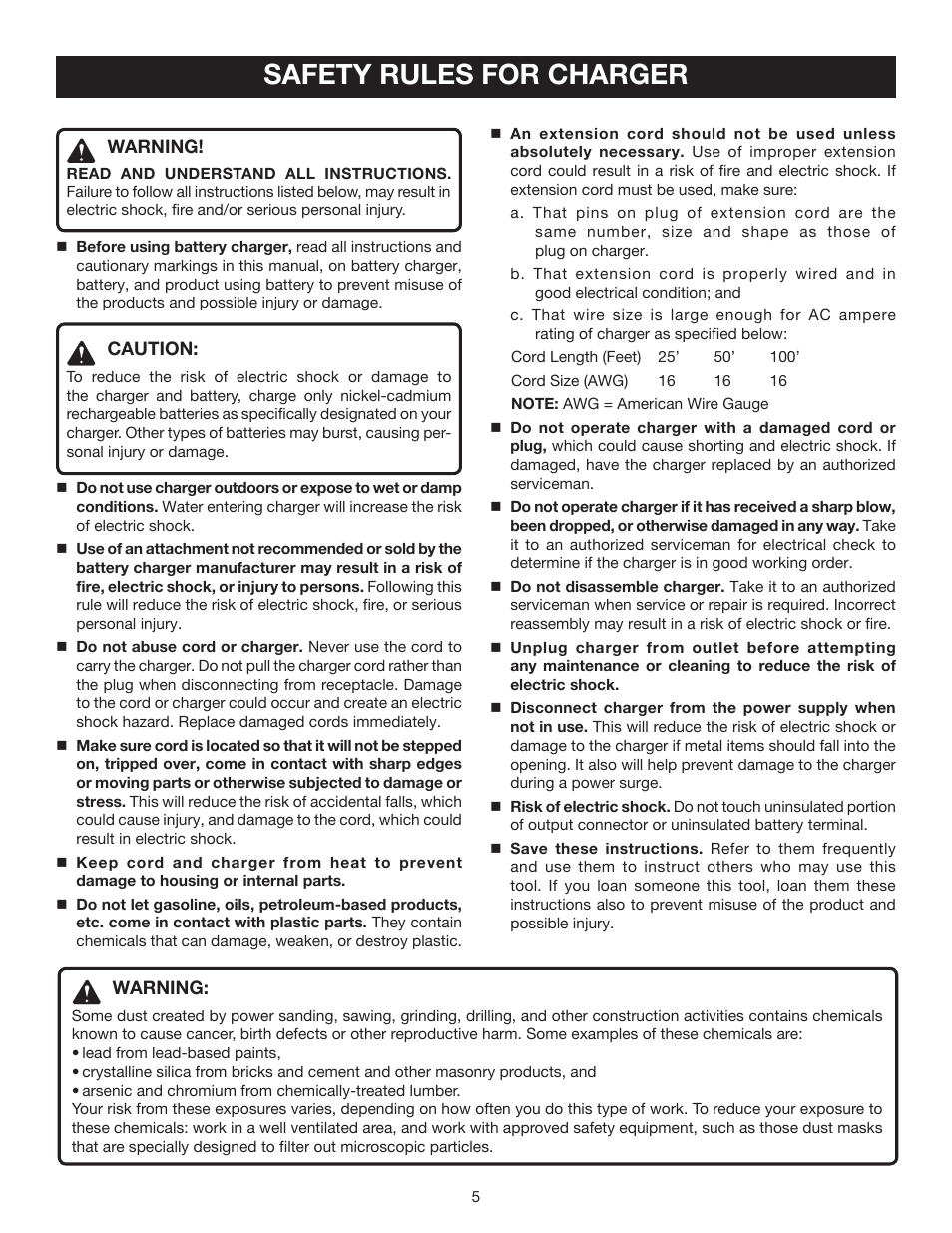 Safety rules for charger | Ryobi P210 User Manual | Page 5 / 20