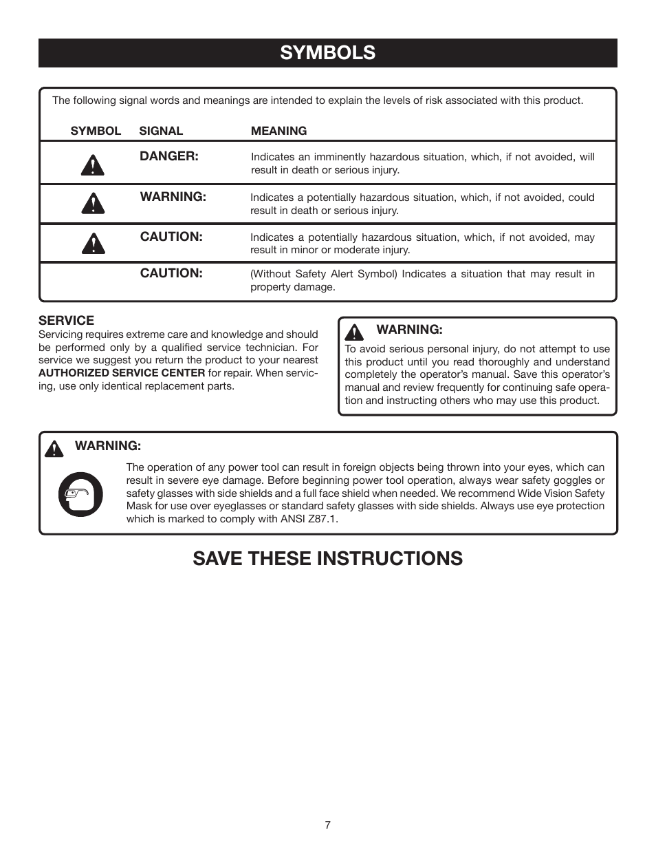 Symbols, Save these instructions | Ryobi P210 User Manual | Page 7 / 20