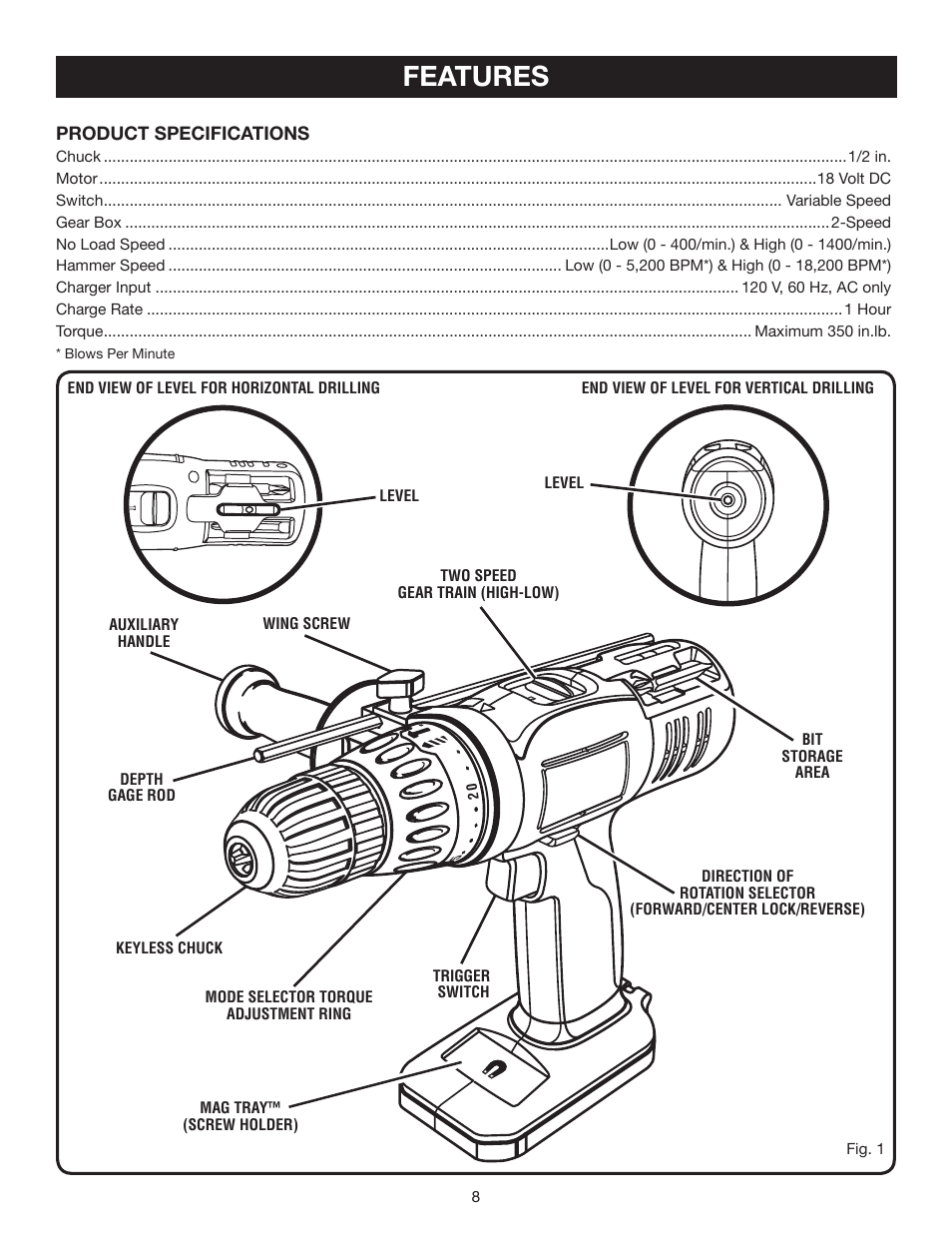 Features | Ryobi P210 User Manual | Page 8 / 20