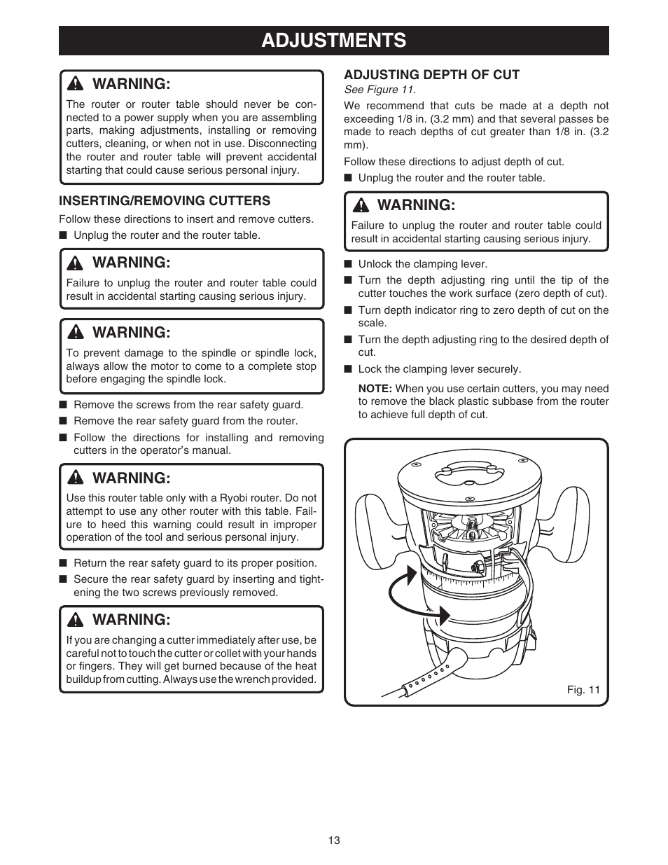 Adjustments, Warning | Ryobi RT101 User Manual | Page 13 / 18