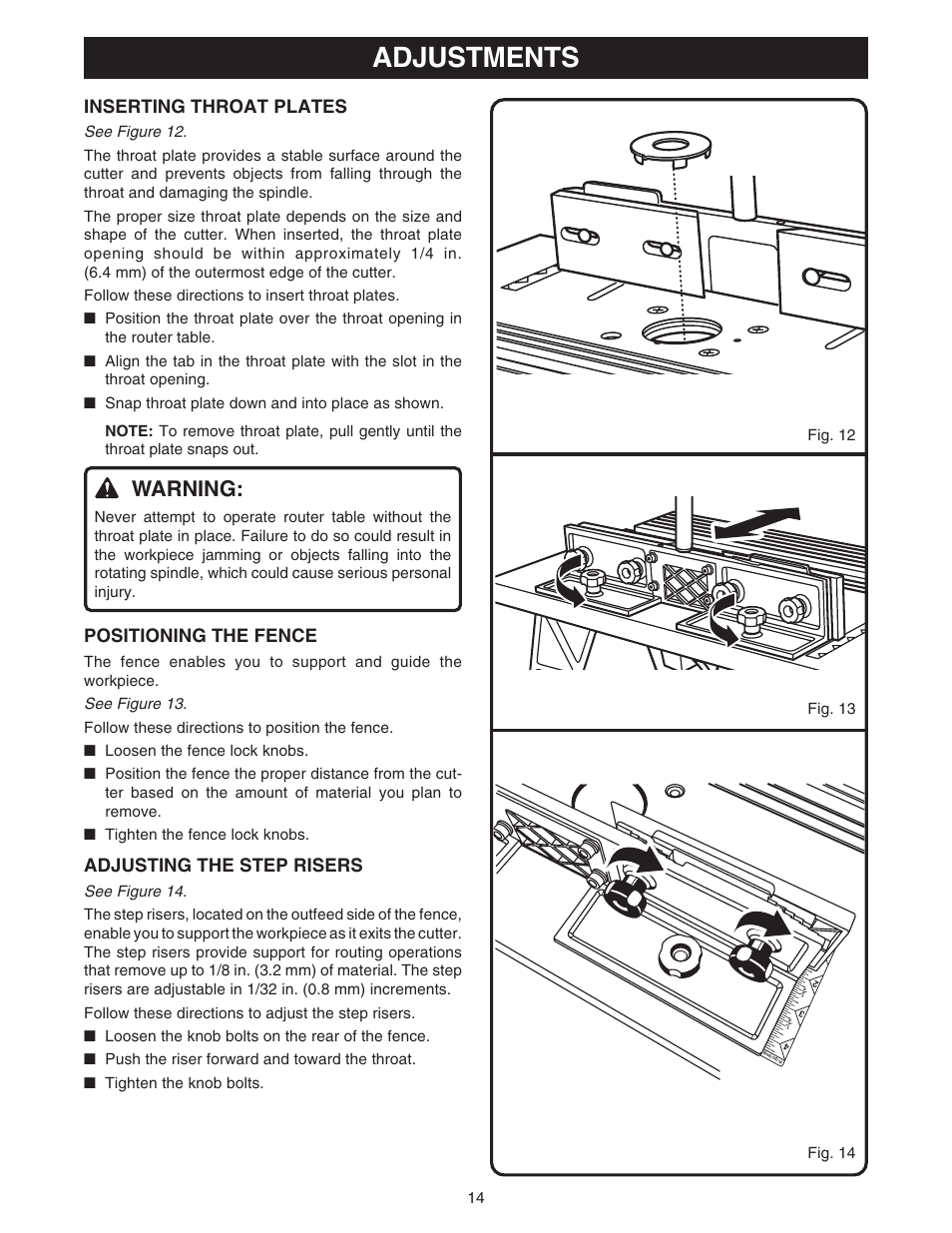 Adjustments, Warning, Inserting throat plates | Positioning the fence, Adjusting the step risers | Ryobi RT101 User Manual | Page 14 / 18