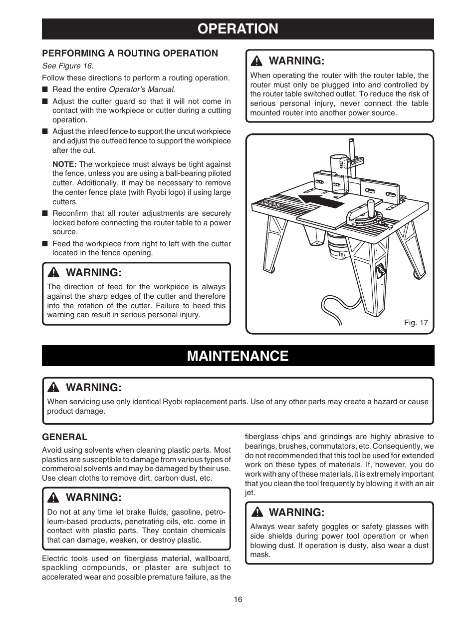 Maintenance, Operation, Warning | Ryobi RT101 User Manual | Page 16 / 18