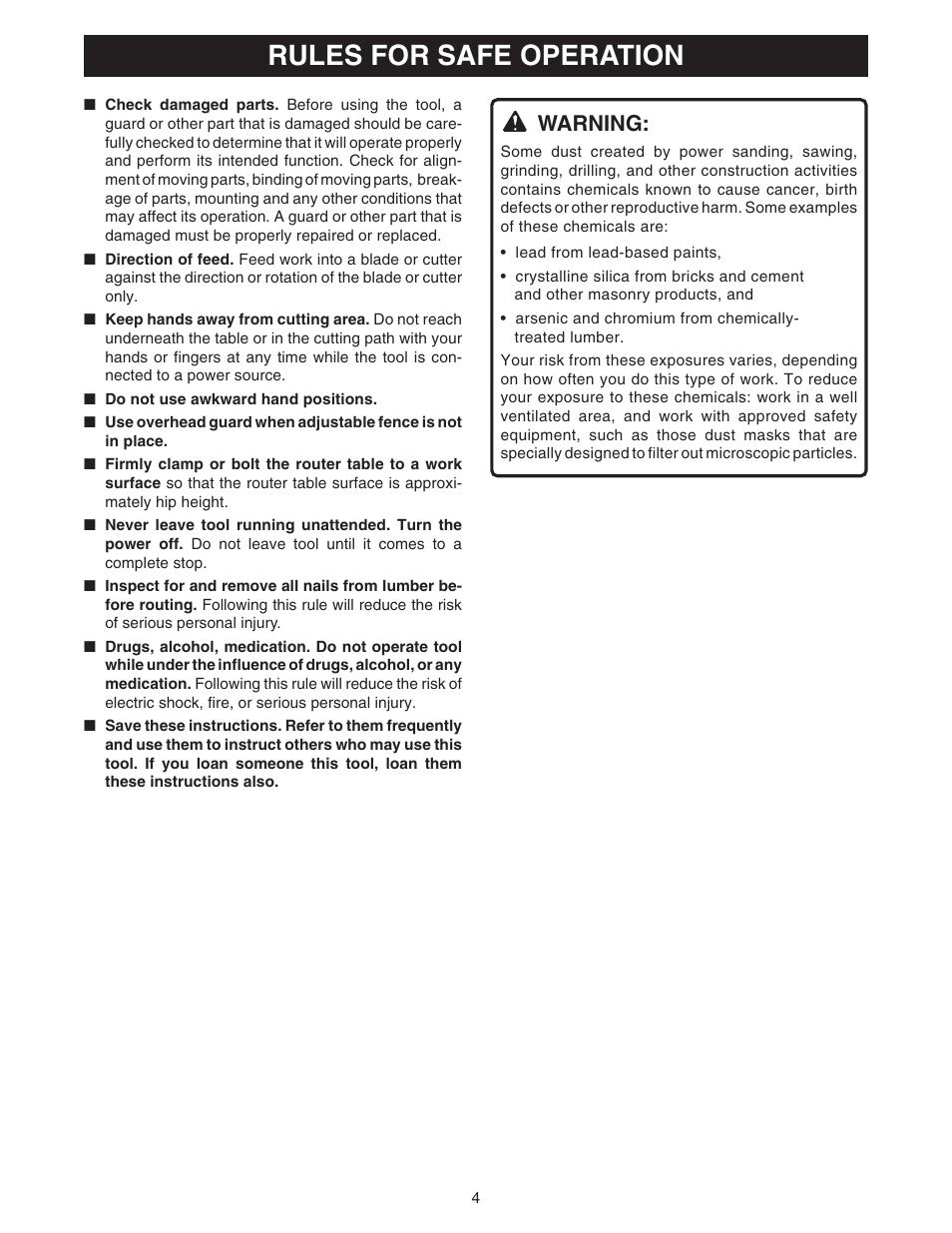 Rules for safe operation, Warning | Ryobi RT101 User Manual | Page 4 / 18