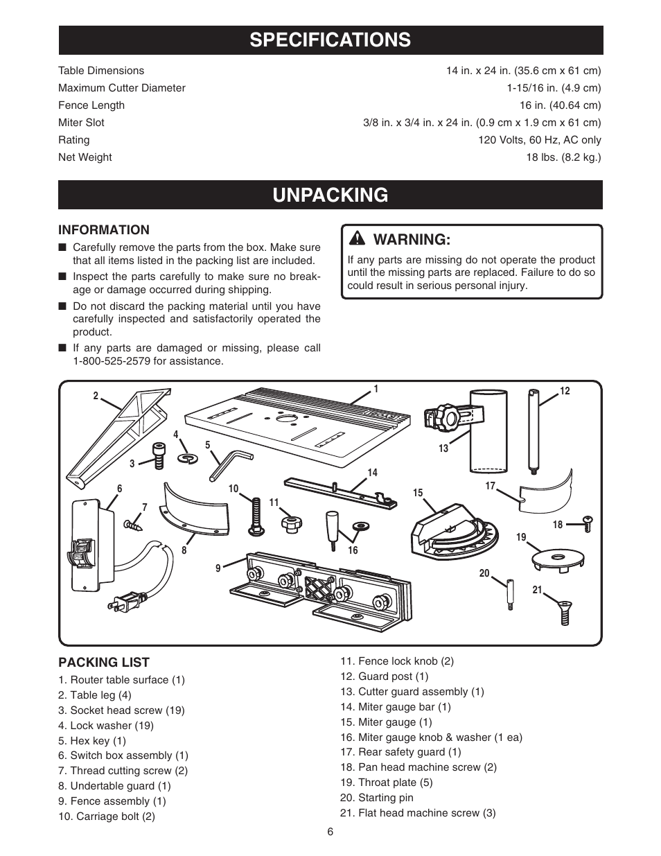 Specifications unpacking, Warning | Ryobi RT101 User Manual | Page 6 / 18