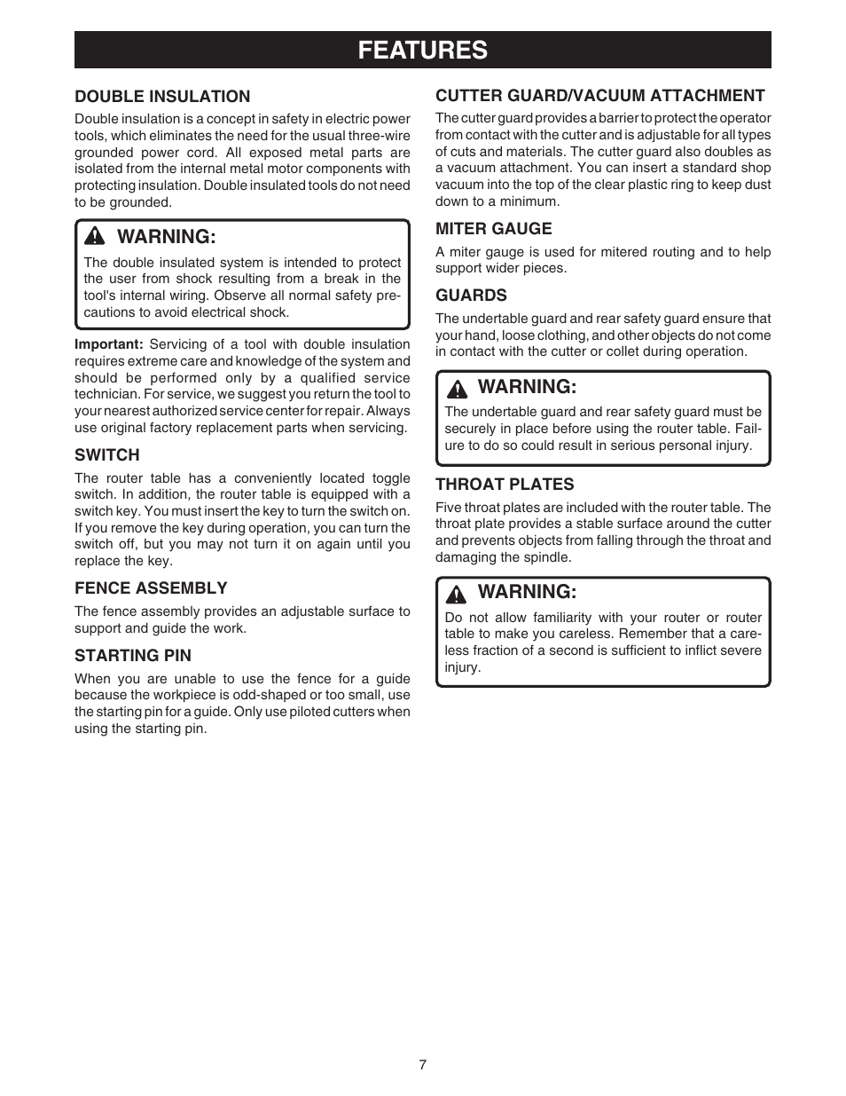 Features, Warning | Ryobi RT101 User Manual | Page 7 / 18