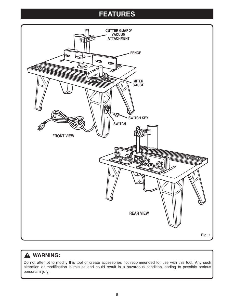 Features, Warning | Ryobi RT101 User Manual | Page 8 / 18