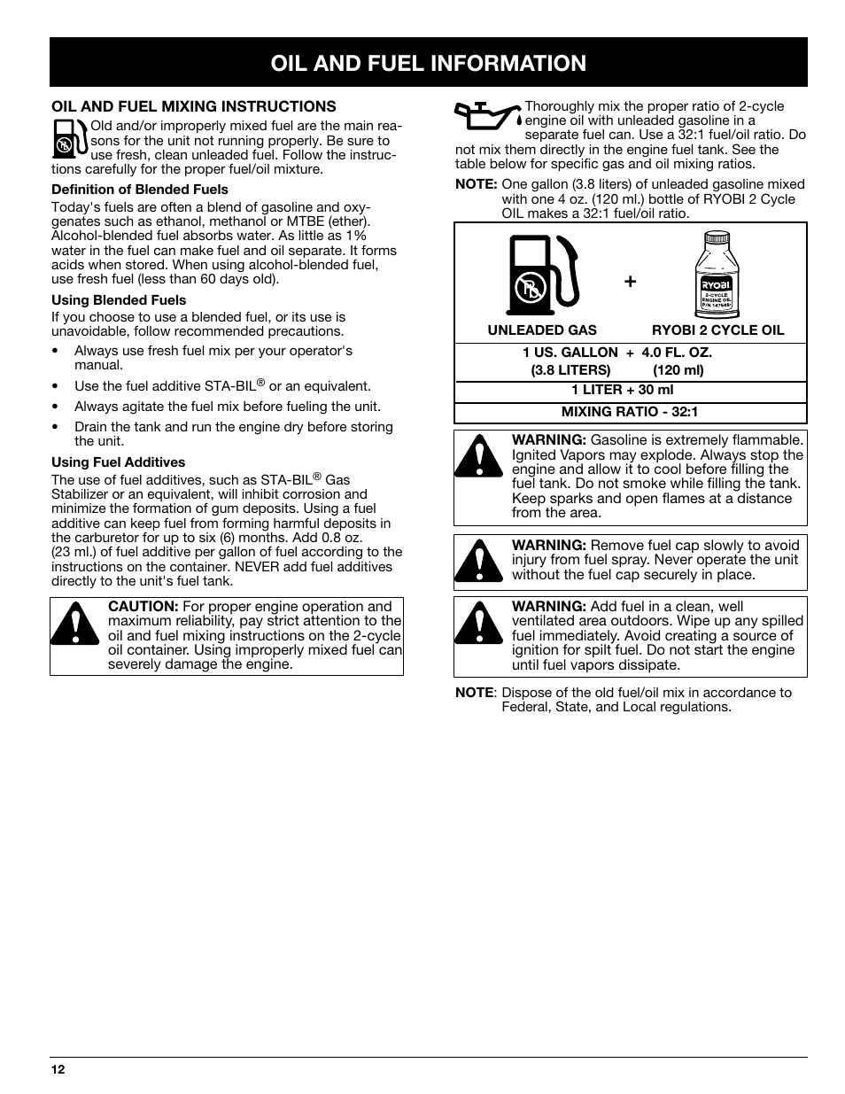 Oil and fuel information | Ryobi 768r User Manual | Page 12 / 24