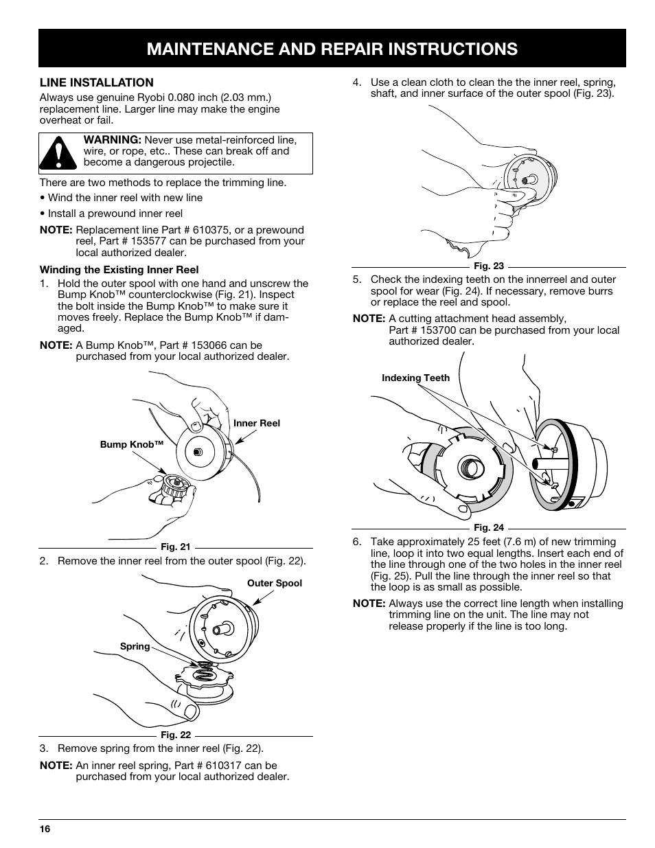 Maintenance and repair instructions | Ryobi 768r User Manual | Page 16 / 24