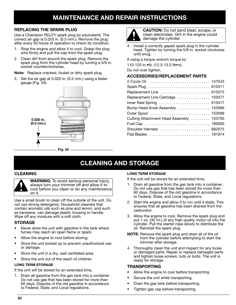 Maintenance and repair instructions, Cleaning and storage | Ryobi 768r User Manual | Page 20 / 24