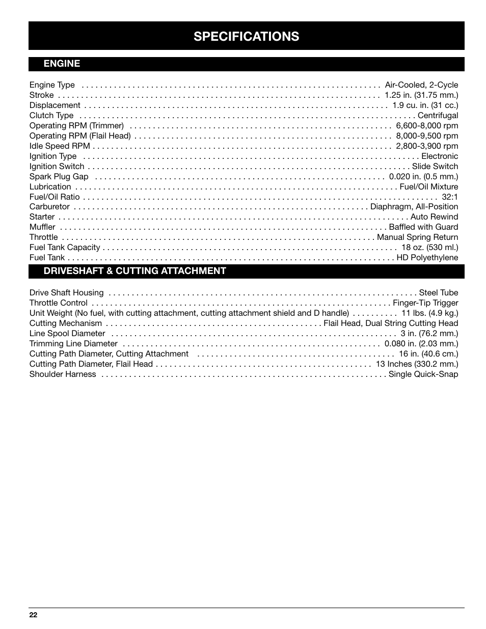 Specifications | Ryobi 768r User Manual | Page 22 / 24