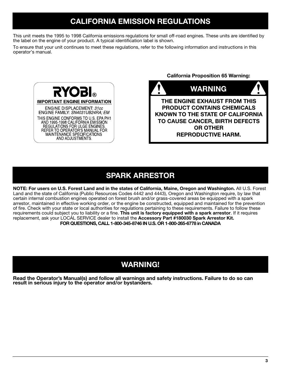 California emission regulations, Warning, Spark arrestor warning | Ryobi 768r User Manual | Page 3 / 24