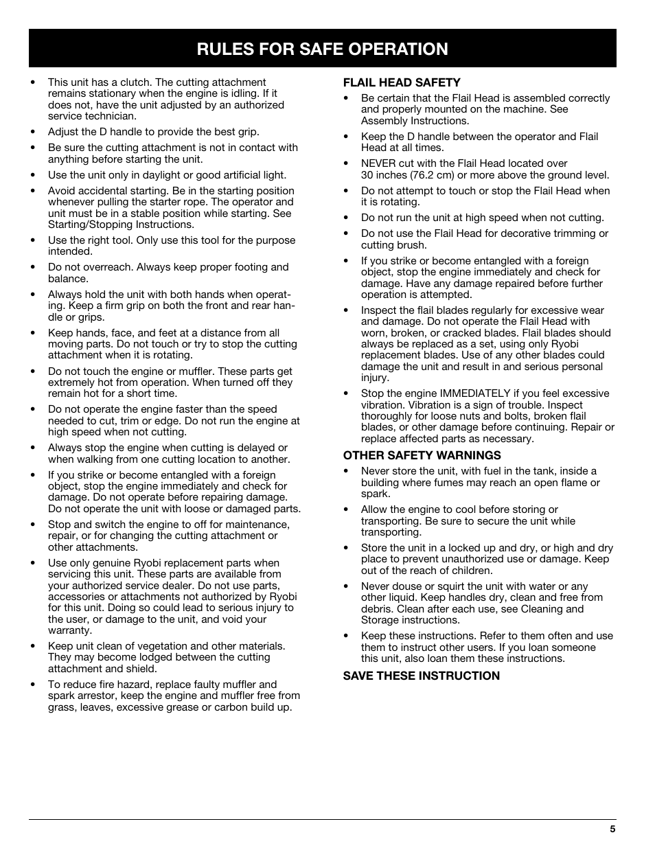 Rules for safe operation | Ryobi 768r User Manual | Page 5 / 24