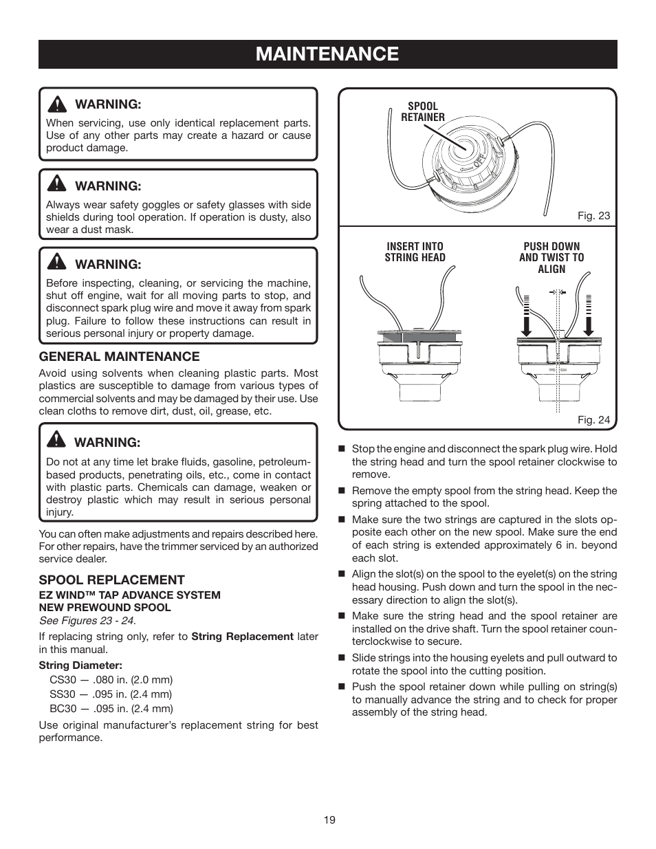 Maintenance | Ryobi CS30 RY30524 User Manual | Page 19 / 26