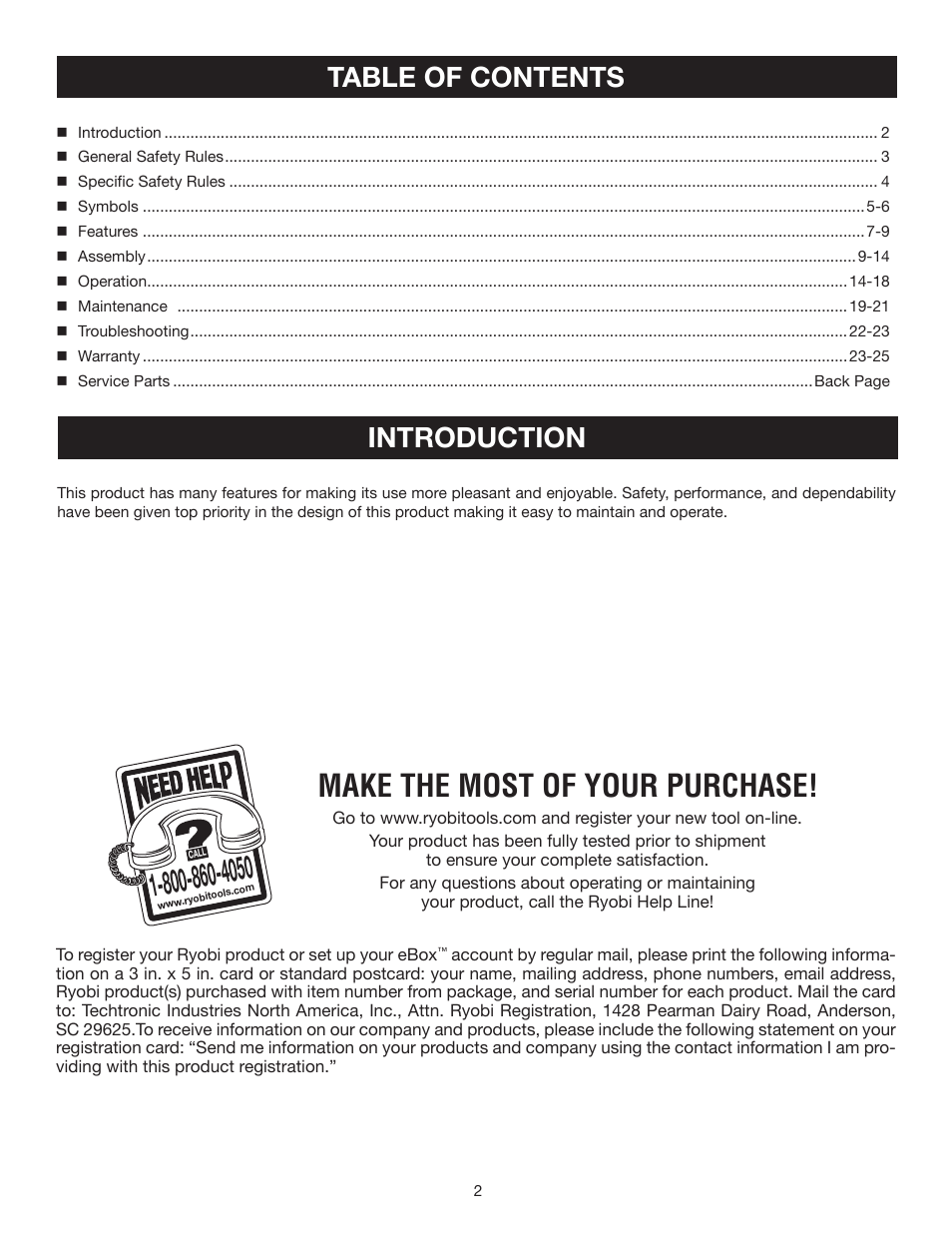 Make the most of your purchase, Table of contents introduction | Ryobi CS30 RY30524 User Manual | Page 2 / 26