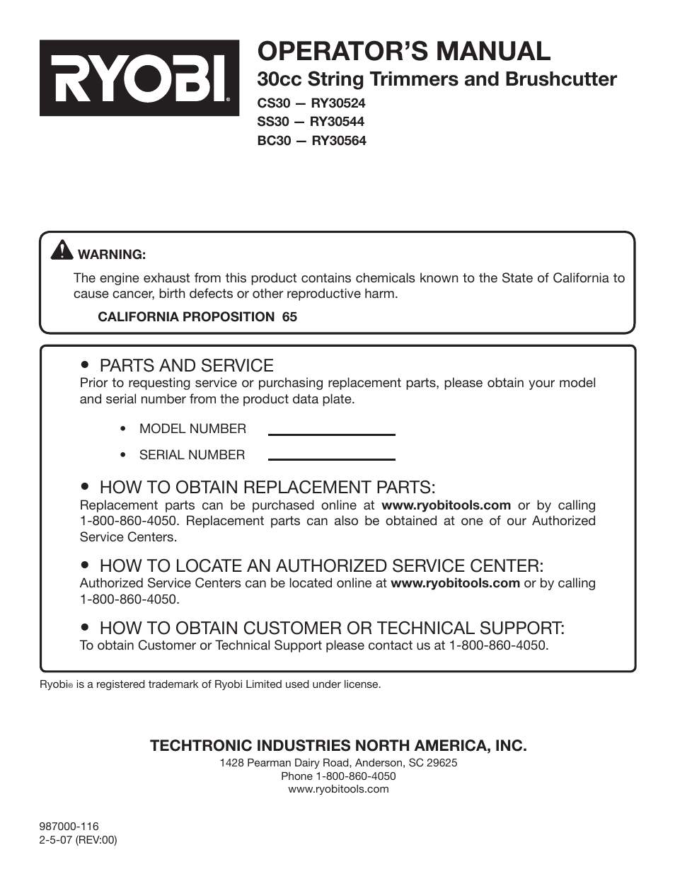 Operator’s manual, 30cc string trimmers and brushcutter, Parts and service | How to obtain replacement parts, How to locate an authorized service center, How to obtain customer or technical support | Ryobi CS30 RY30524 User Manual | Page 26 / 26