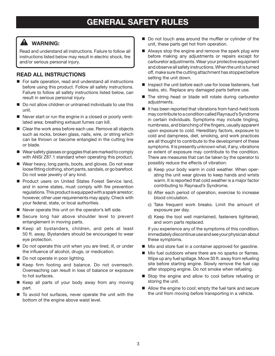 General safety rules | Ryobi CS30 RY30524 User Manual | Page 3 / 26