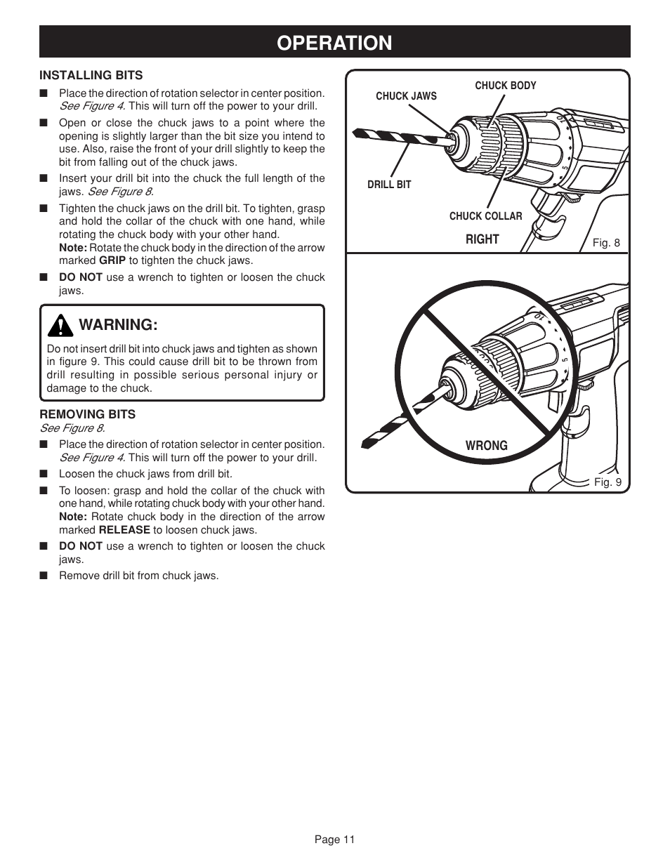 Operation, Warning | Ryobi HP722 User Manual | Page 11 / 18