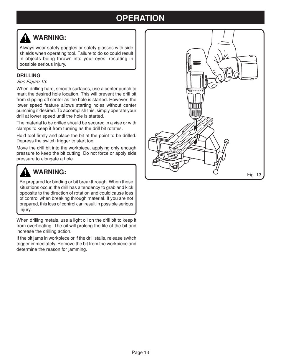 Operation, Warning | Ryobi HP722 User Manual | Page 13 / 18