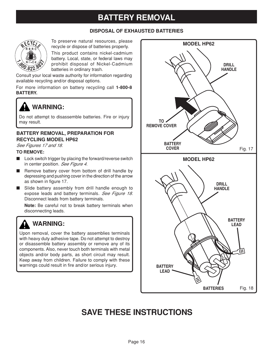 Battery removal, Save these instructions, Warning | Ryobi HP722 User Manual | Page 16 / 18