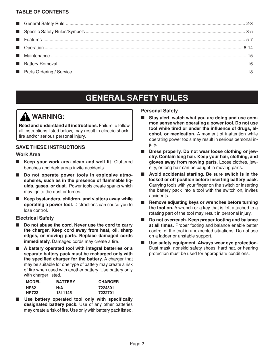 General safety rules, Warning | Ryobi HP722 User Manual | Page 2 / 18