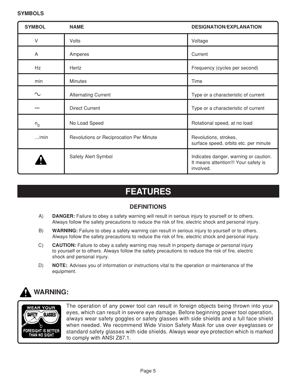 Features, Warning | Ryobi HP722 User Manual | Page 5 / 18