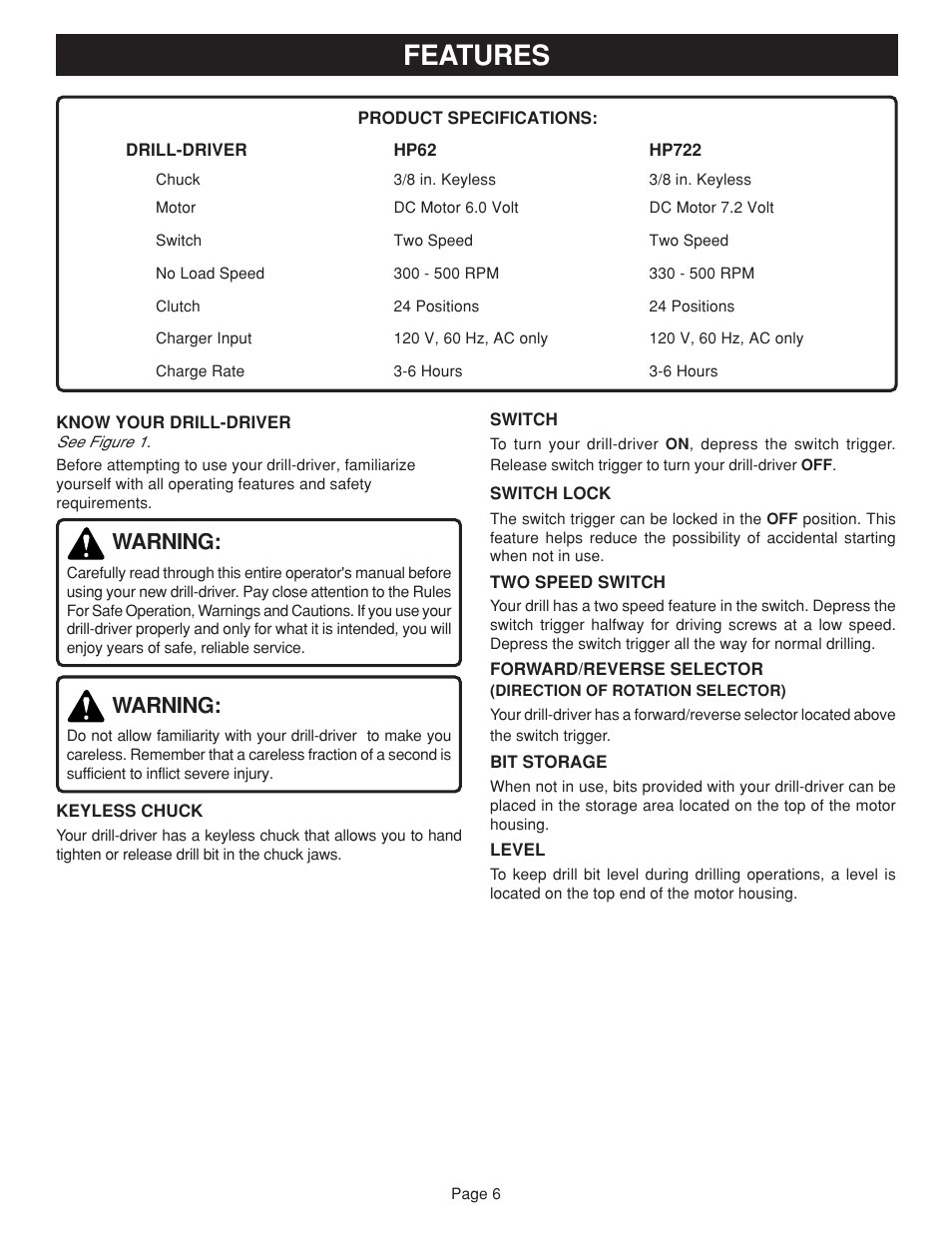 Features, Warning | Ryobi HP722 User Manual | Page 6 / 18