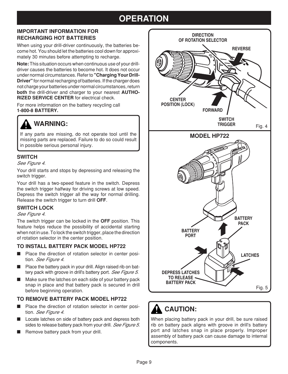 Operation, Warning, Caution | Ryobi HP722 User Manual | Page 9 / 18