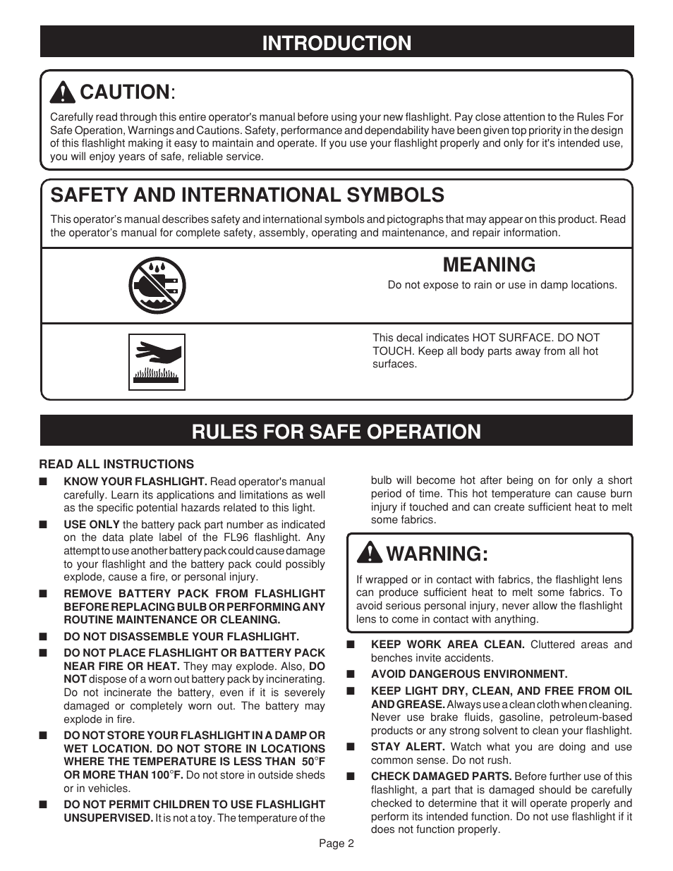 Warning, Safety and international symbols, Meaning | Caution, Introduction rules for safe operation | Ryobi FL96 User Manual | Page 2 / 8