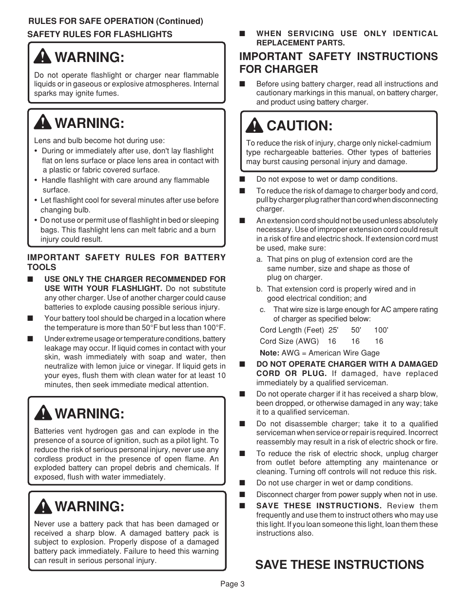 Warning, Caution, Save these instructions | Important safety instructions for charger | Ryobi FL96 User Manual | Page 3 / 8