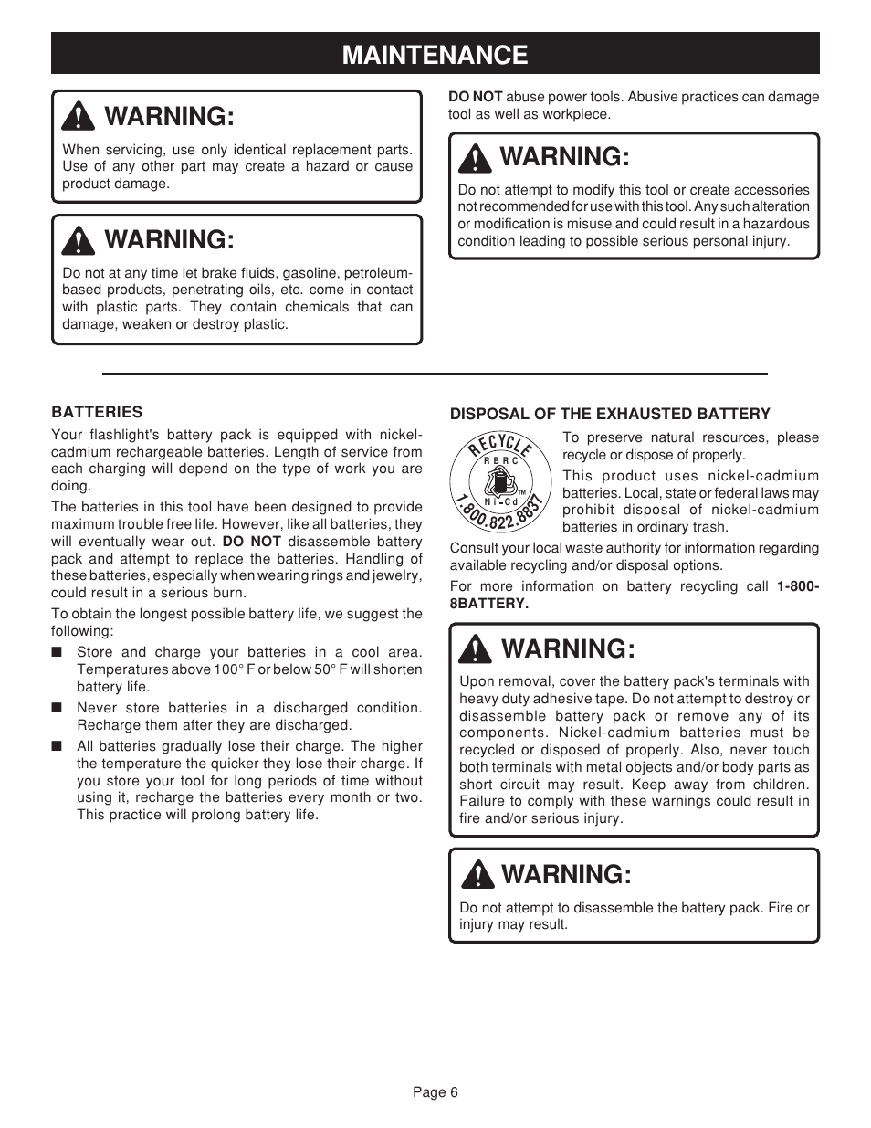 Warning, Maintenance | Ryobi FL96 User Manual | Page 6 / 8