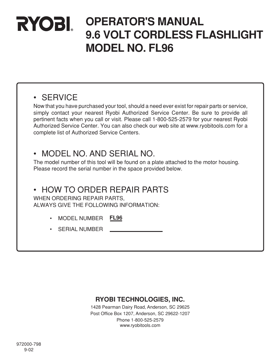 Service, Model no. and serial no, How to order repair parts | Ryobi FL96 User Manual | Page 8 / 8