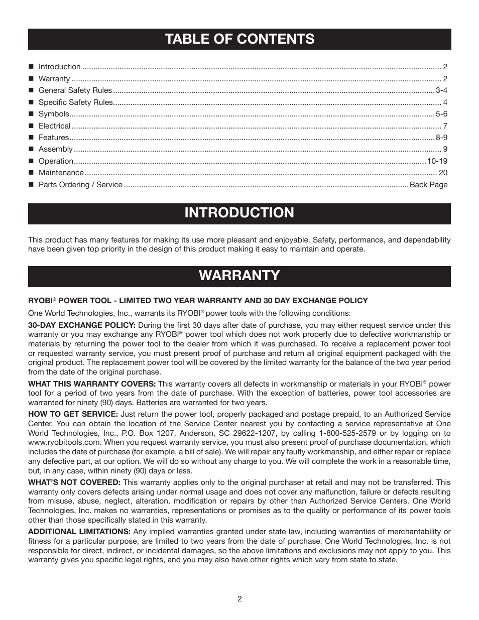 Table of contents introduction, Warranty | Ryobi HT230 User Manual | Page 2 / 22