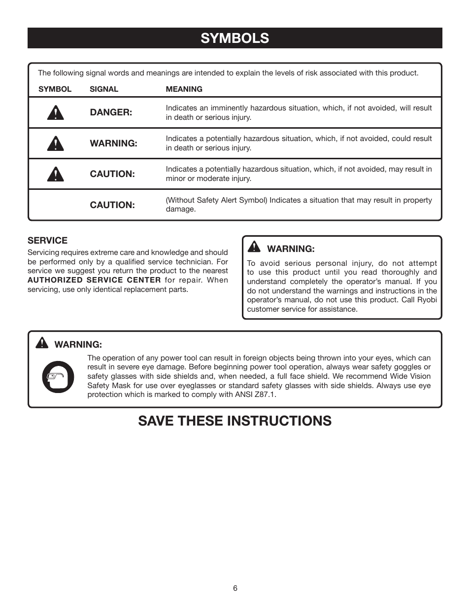 Symbols, Save these instructions | Ryobi HT230 User Manual | Page 6 / 22