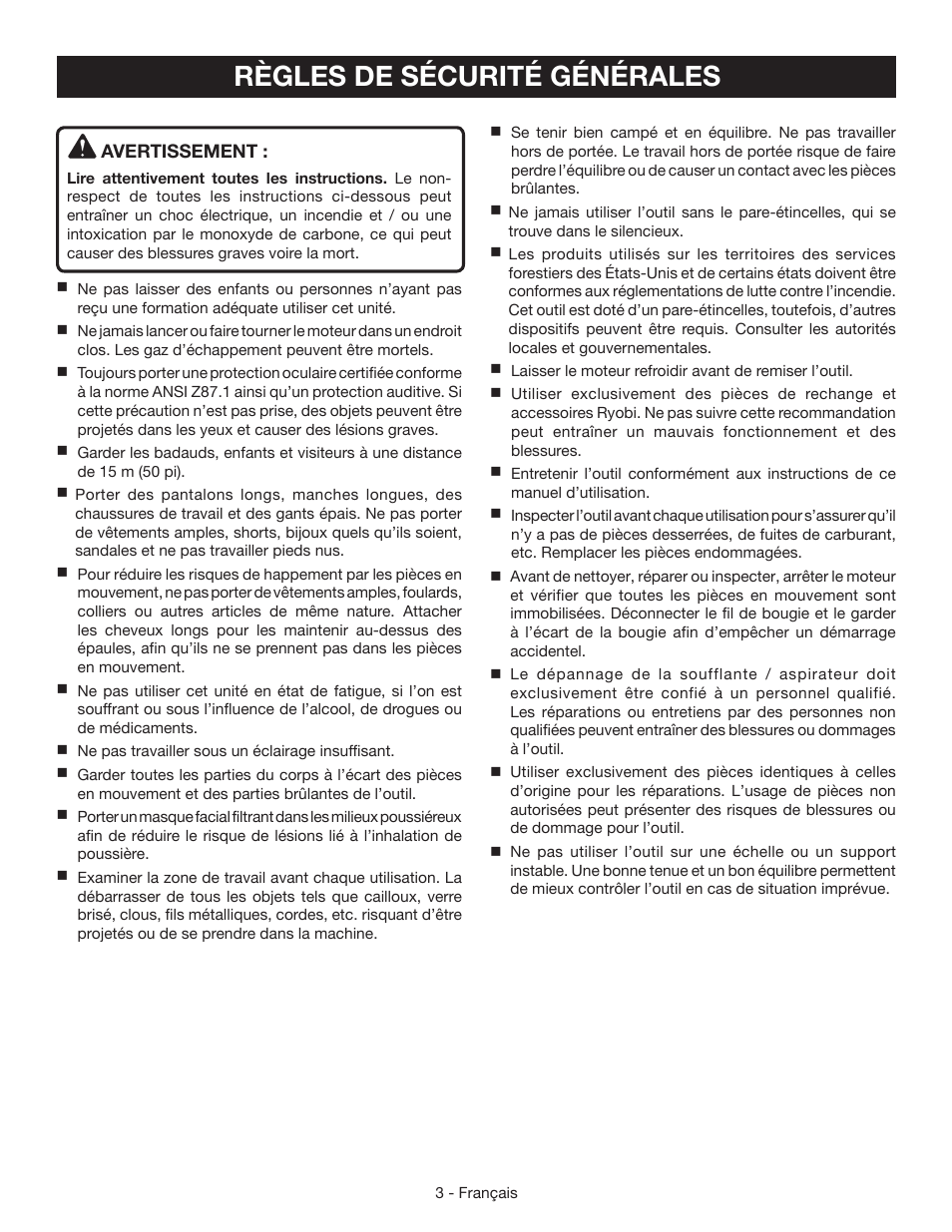 Règles de sécurité générales | Ryobi RY09951 User Manual | Page 17 / 42